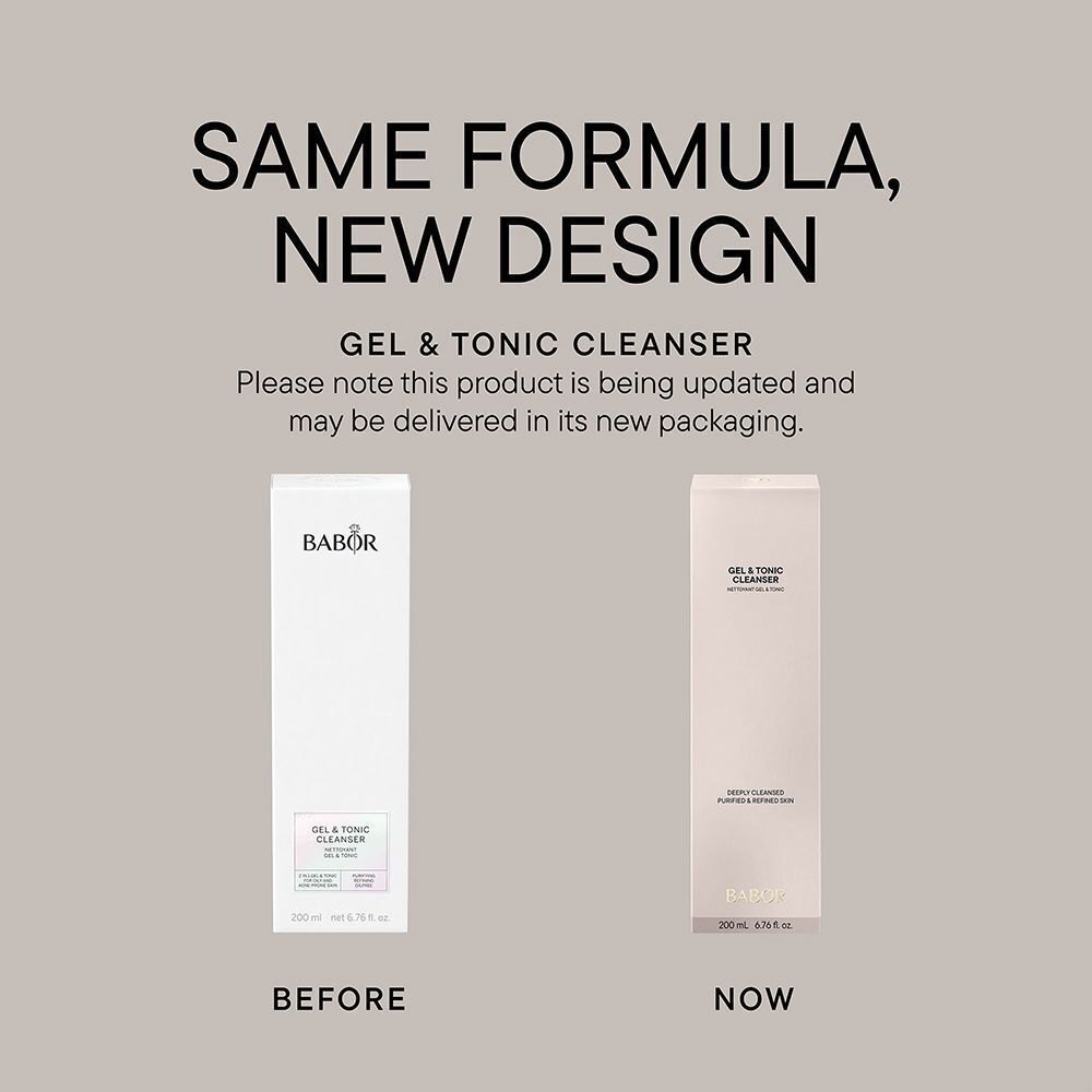 Zwei Babor Gel & Tonic Cleanser Verpackungen: "Vorher" links, "Jetzt" rechts. Gleiche Formel, neues Design.