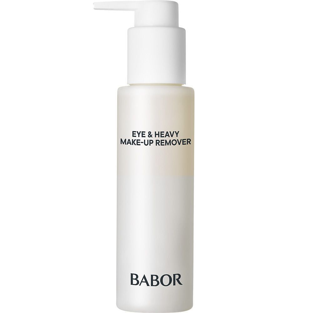 BABOR Eye & Heavy Make Up Remover. Flacon blanc avec pompe. Nom du produit et logo.