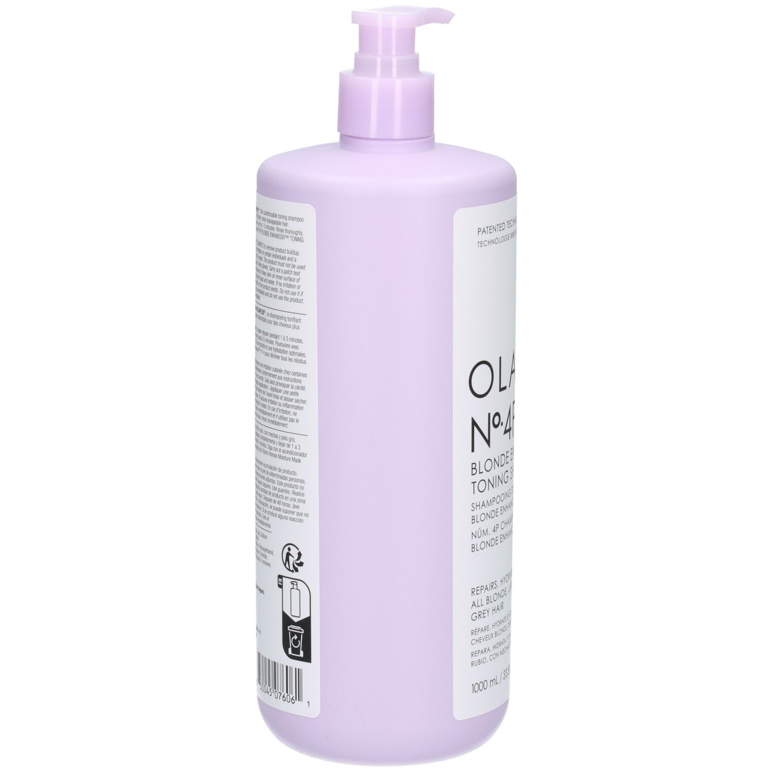 Lila Flasche mit Pumpspender, Olaplex No. 4 Blonde Toning Shampoo, 1000 ml.