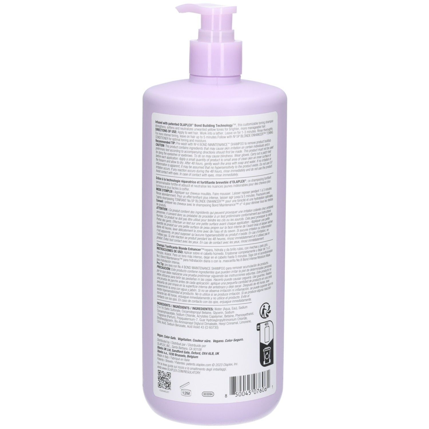 Lavendelfarbene Flasche mit Pumpspender, Rückseite mit Etikett und Produktinformationen.
