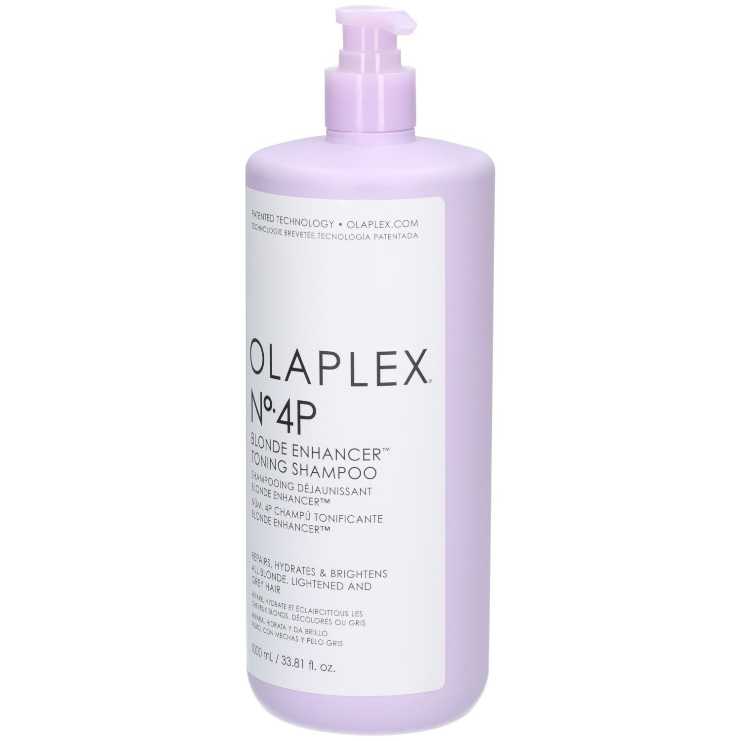 Olaplex Nr. 4P Blonde Enhancer Toning Shampoo in einer hellvioletten Flasche mit Pumpspender.