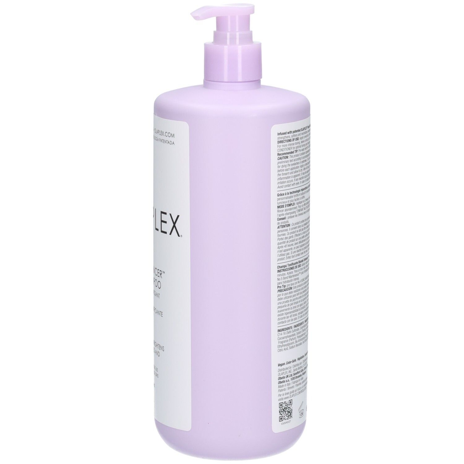 Lavendelfarbene Flasche mit Pumpspender. Etikett mit schwarzer Schrift und "PLEX"-Logo.
