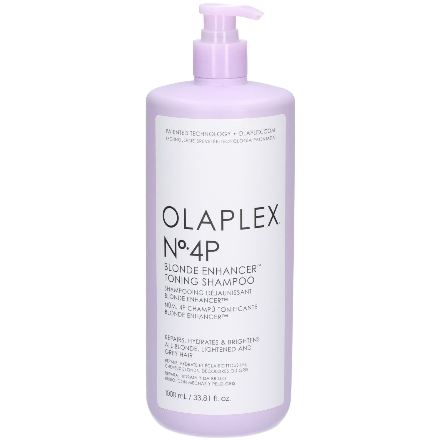 Olaplex No. 4P Blonde Enhancer Toning Shampoo in 1000ml Flasche mit Pumpspender.