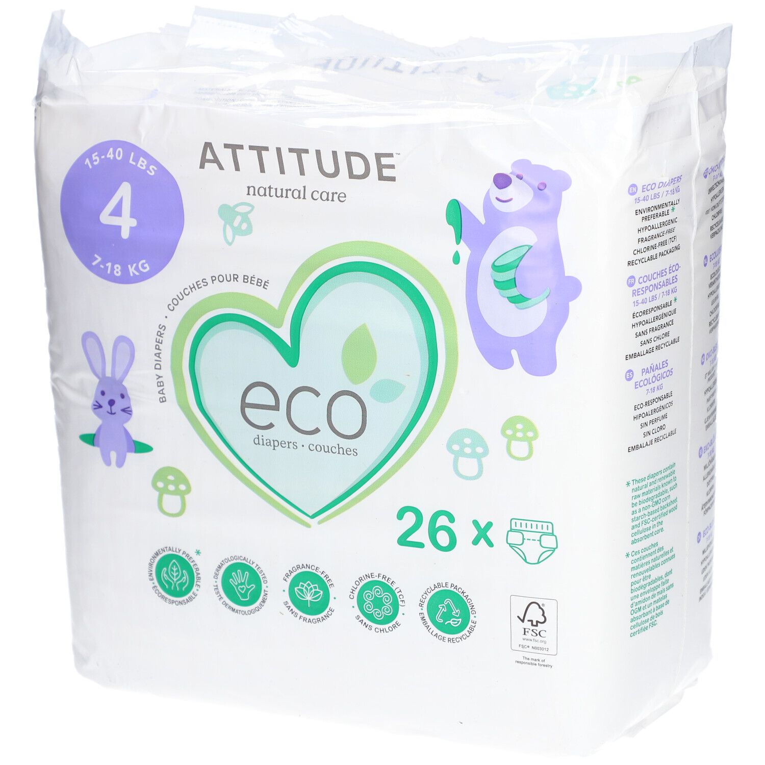 Windeln Größe 4, 7-18 kg, 26 Stück. Verpackung mit Logo, Illustrationen und Zertifizierungen.