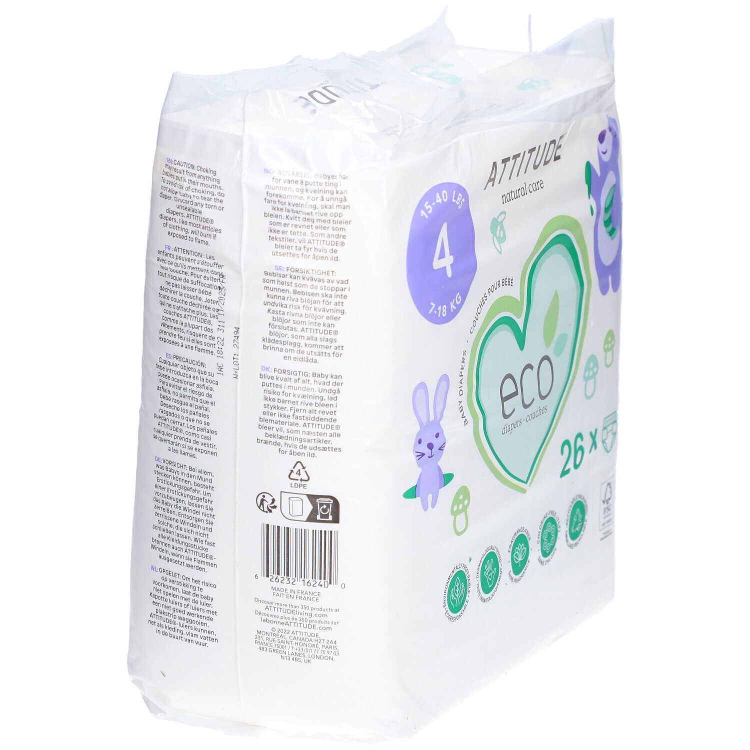 Windelpackung mit Logo, Illustrationen und Text. Rückseite mit Text und Zertifizierungen.