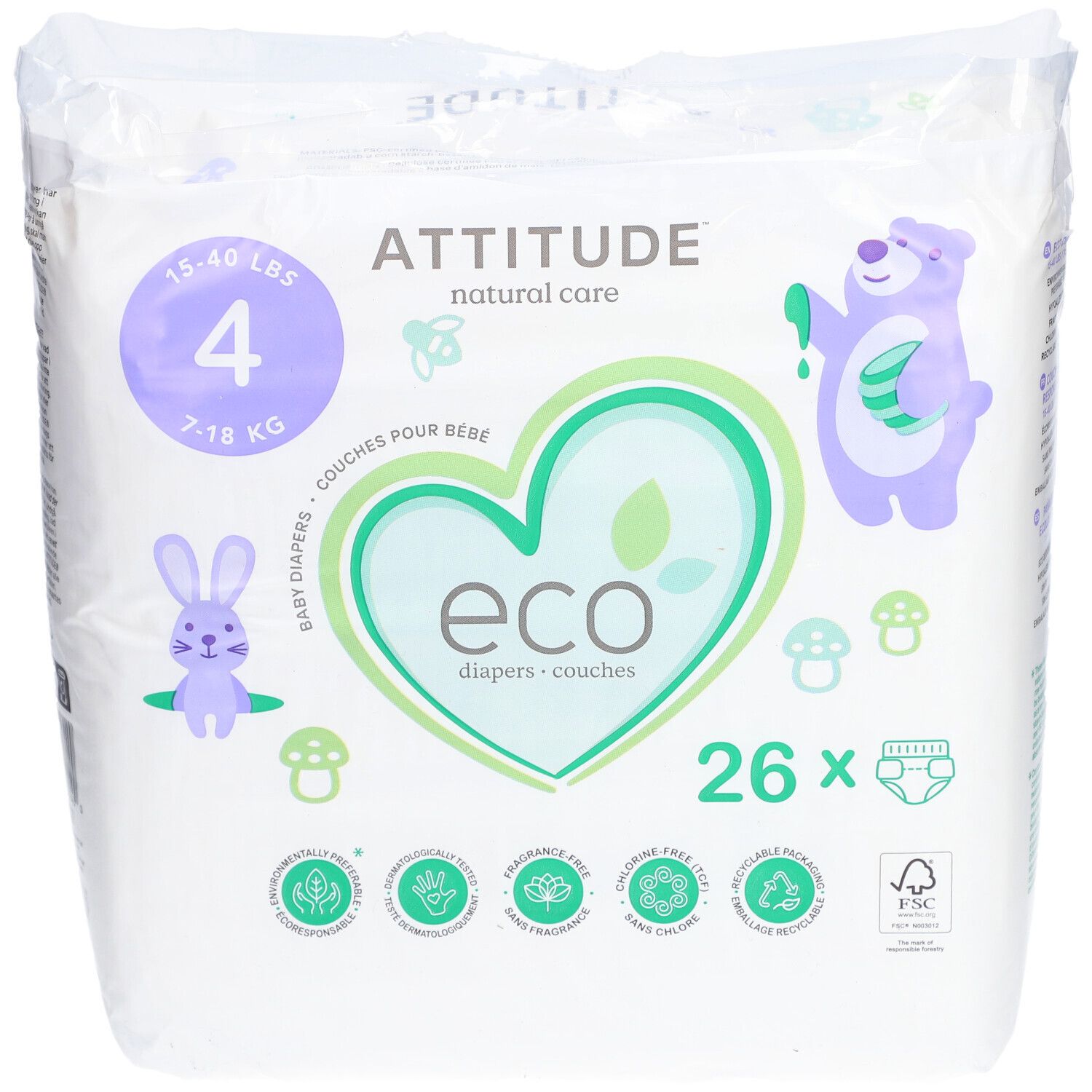 Windeln Größe 4, 7-18 kg, 26 Stück. Verpackung mit Logo, Illustrationen und Zertifizierungen.