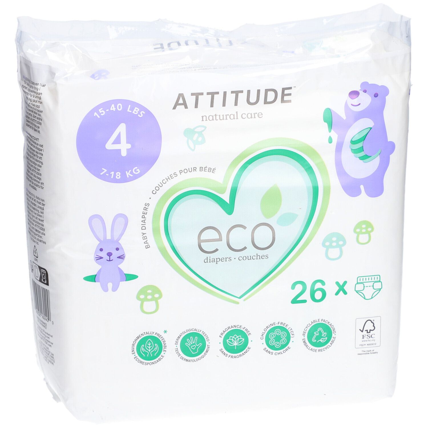 Windeln Größe 4, 7-18 kg, 26 Stück. Verpackung mit Logo, Illustrationen und Zertifizierungen.