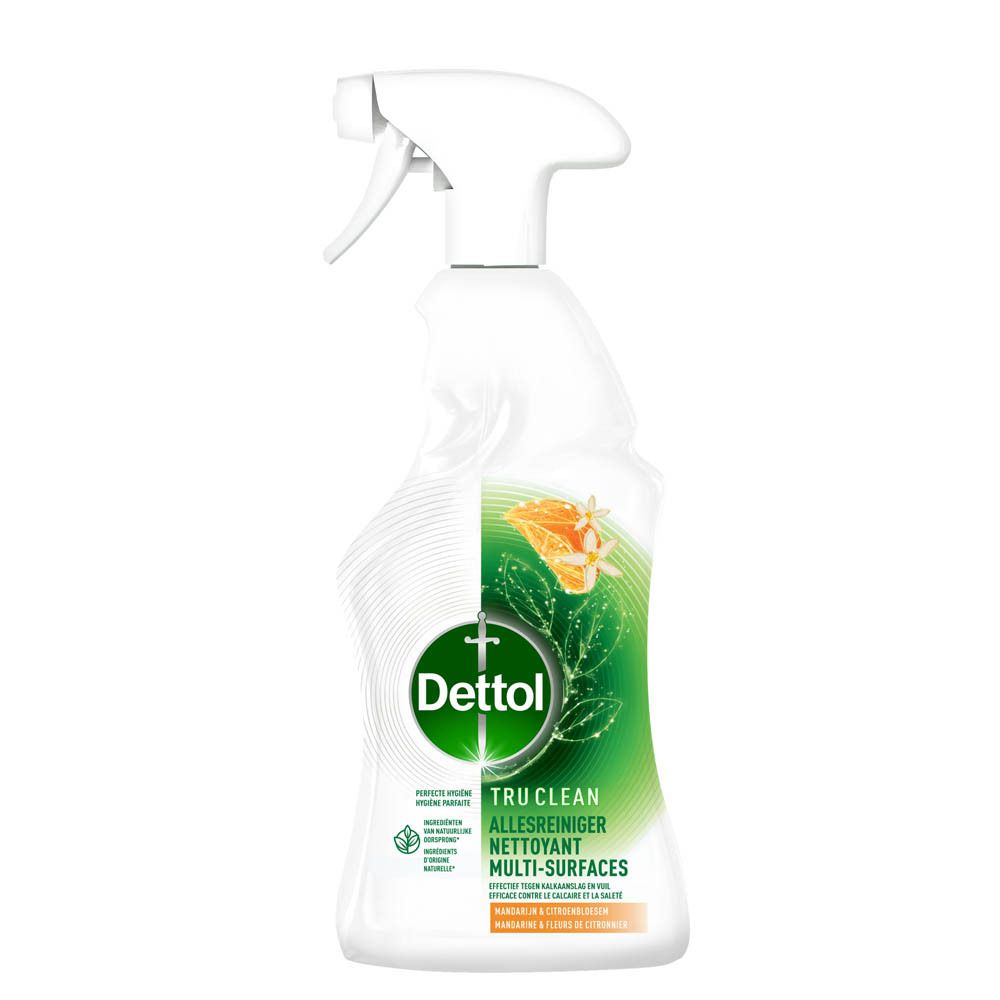 Weißer Sprühreiniger von Dettol. Flasche mit Sprühkopf. Aufschrift: Tru Clean, Multi-Surfaces. Mandarine & Zitronenblüten.