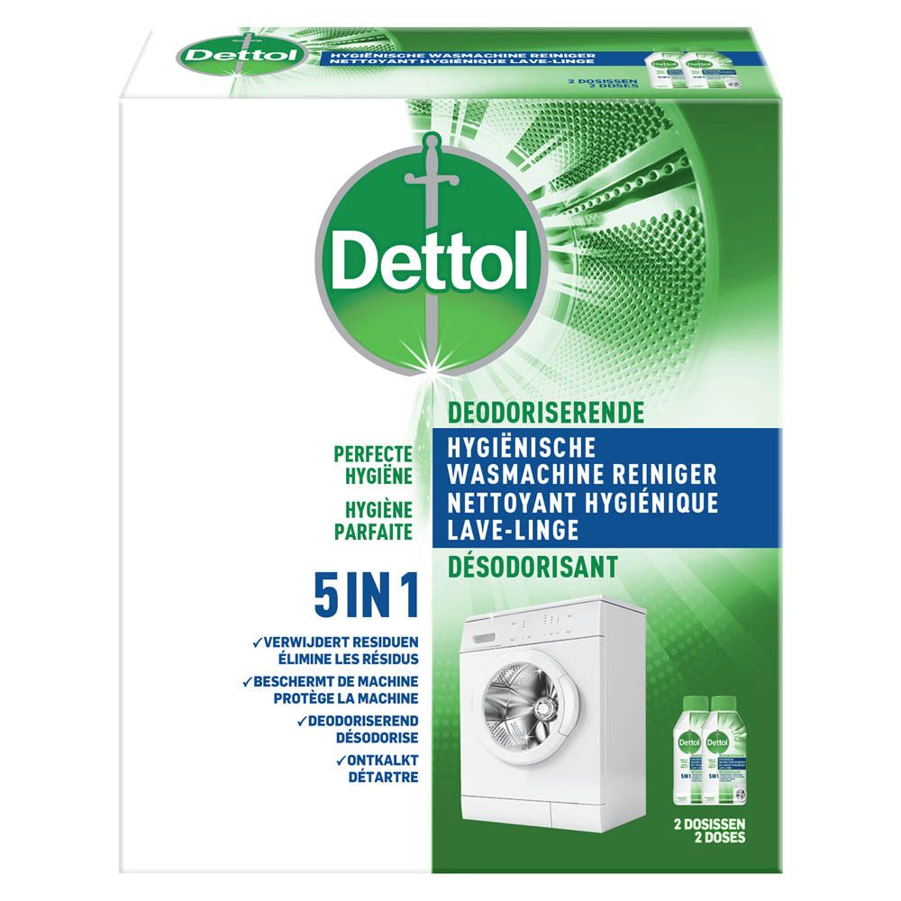 Verpackung von Dettol Waschmaschinenreiniger. Weiß-grüne Box mit Produktabbildung und Text in mehreren Sprachen.