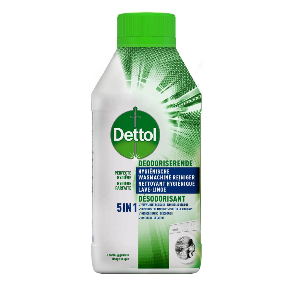 Flacon Dettol Nettoyant Lave-Linge. Bouchon vert, étiquette blanche. Nom et logo du produit.