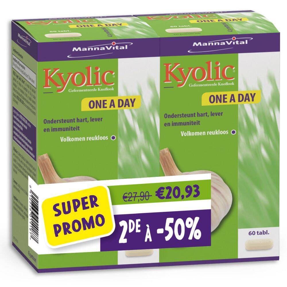 Deux boîtes de Mannavital Kyolic One a Day. Emballage vert et violet avec illustration d'ail. Autocollant Super Promo.