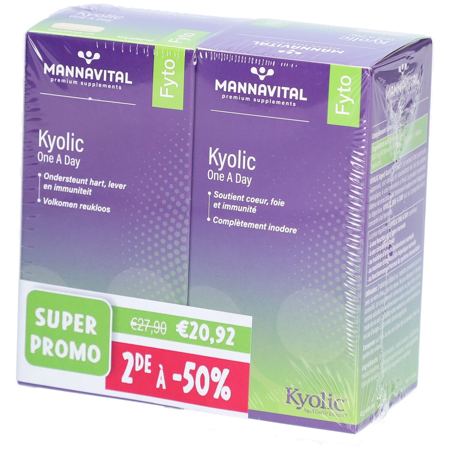 Deux boîtes de Mannavital Kyolic One a Day. Emballage violet avec texte blanc. Autocollant Super Promo.