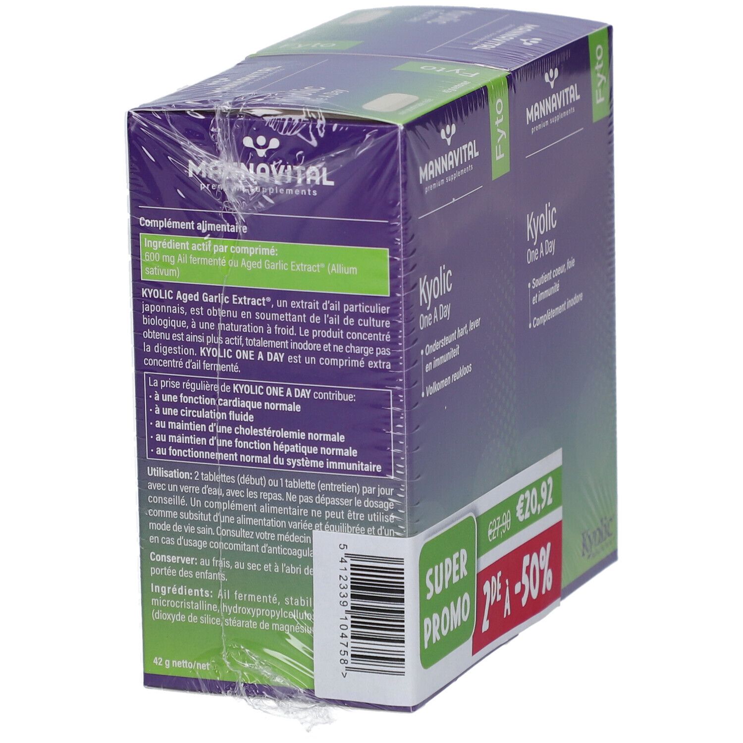 Dos de l'emballage de Mannavital Kyolic One a Day. Emballage violet avec texte. Emballé dans du film plastique.