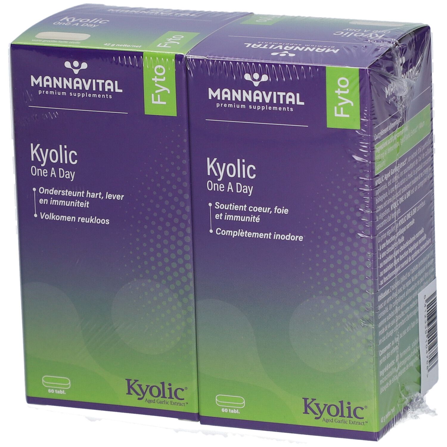 Deux boîtes de Mannavital Kyolic One a Day. Emballage violet avec texte blanc. Emballé dans du film.