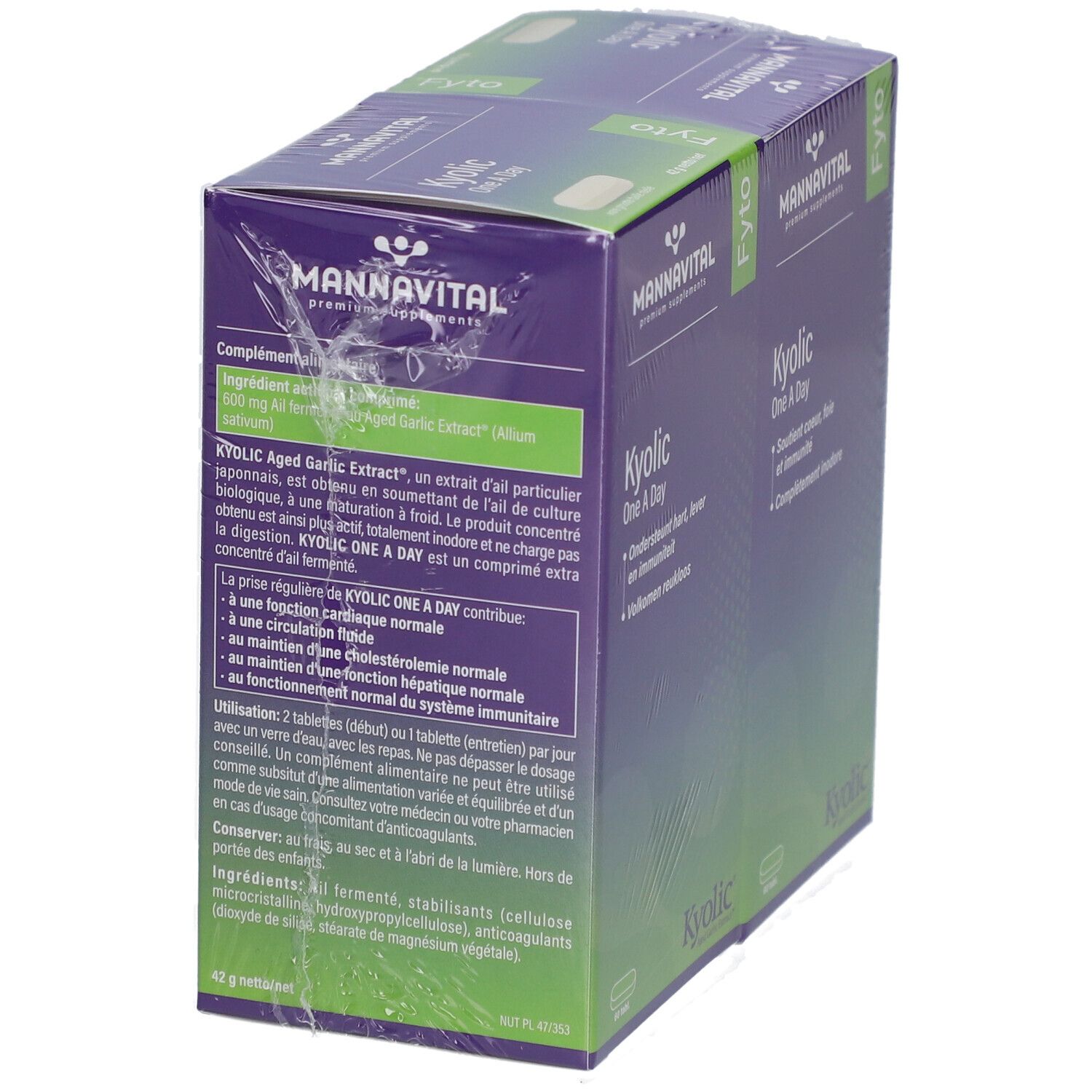 Dos de l'emballage de Mannavital Kyolic One a Day. Emballage violet avec texte. Emballé dans du film plastique.