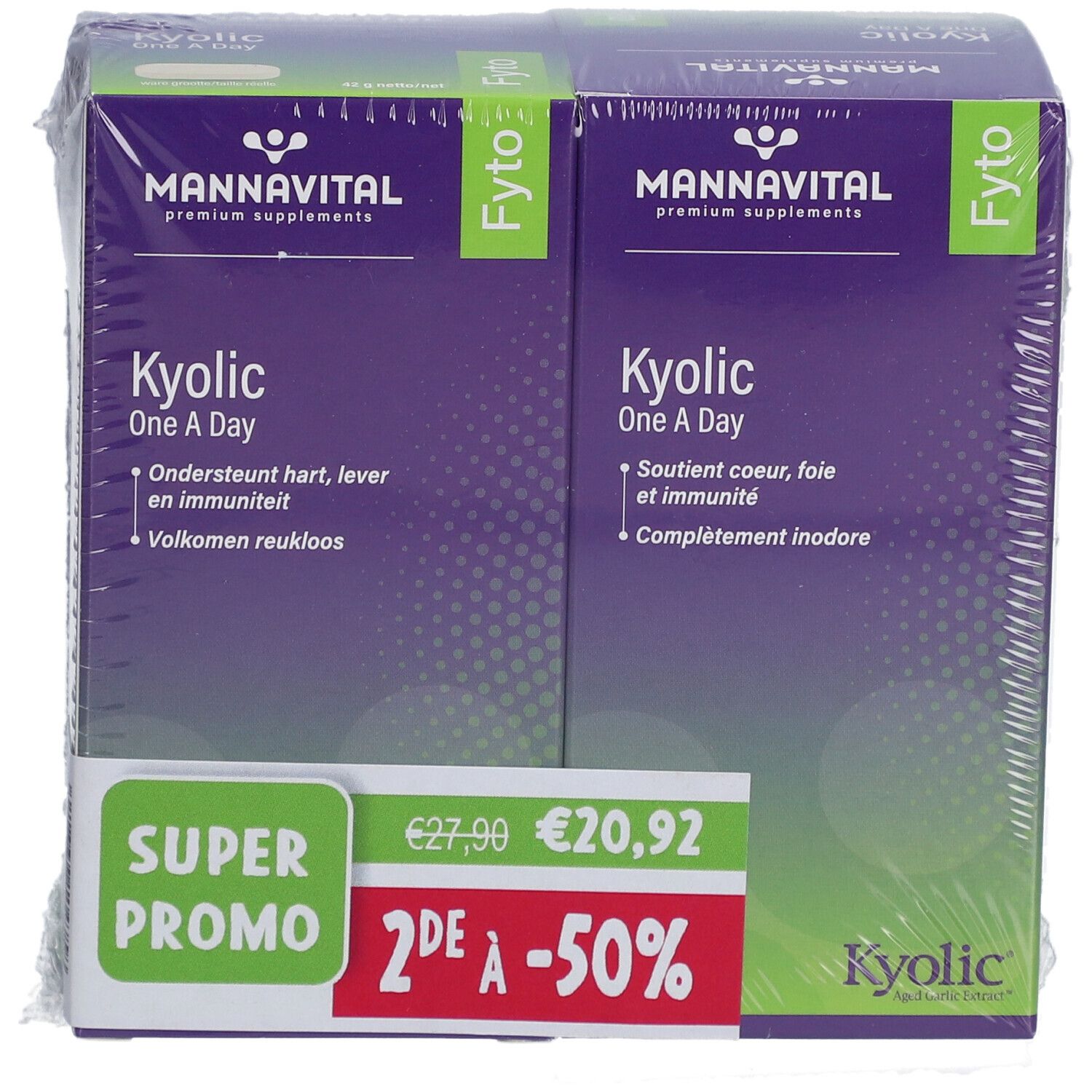 Deux boîtes de Mannavital Kyolic One a Day. Emballage violet avec texte blanc. Autocollant Super Promo.