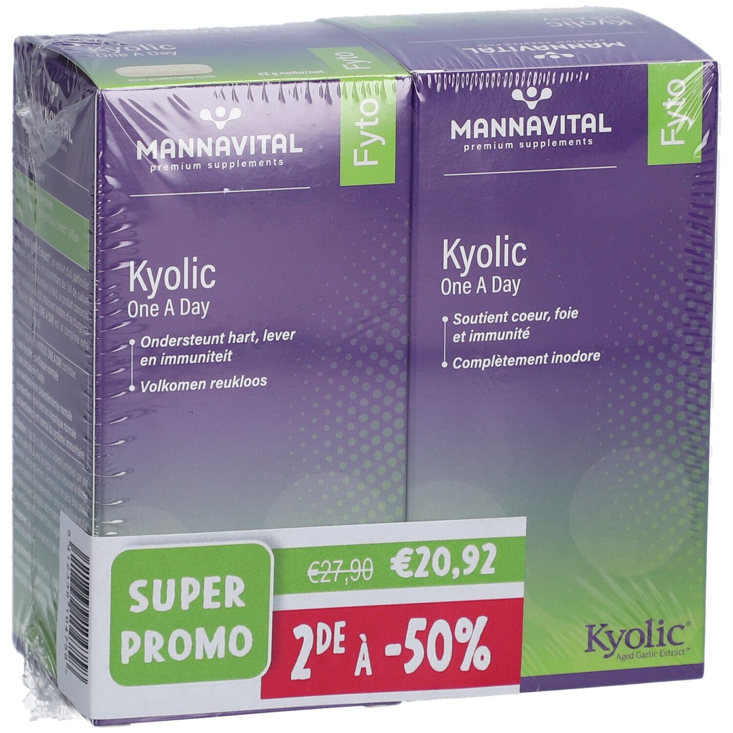 Deux boîtes de Mannavital Kyolic One a Day. Emballage violet avec texte blanc. Autocollant Super Promo.