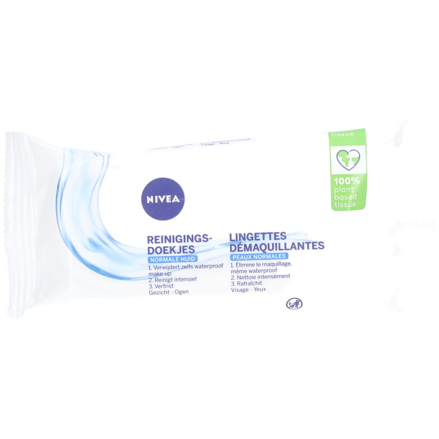 Paquet de lingettes démaquillantes Nivea. Emballage blanc avec logo bleu et texte. Tissu 100% végétal.
