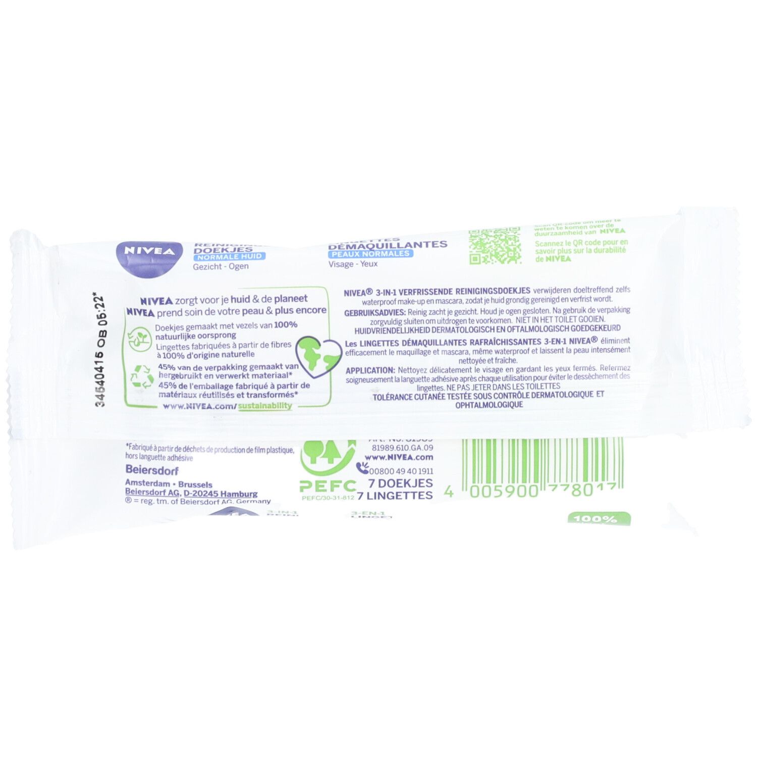 Dos du paquet de lingettes Nivea. Texte, logo et labels verts. Contient 7 lingettes.
