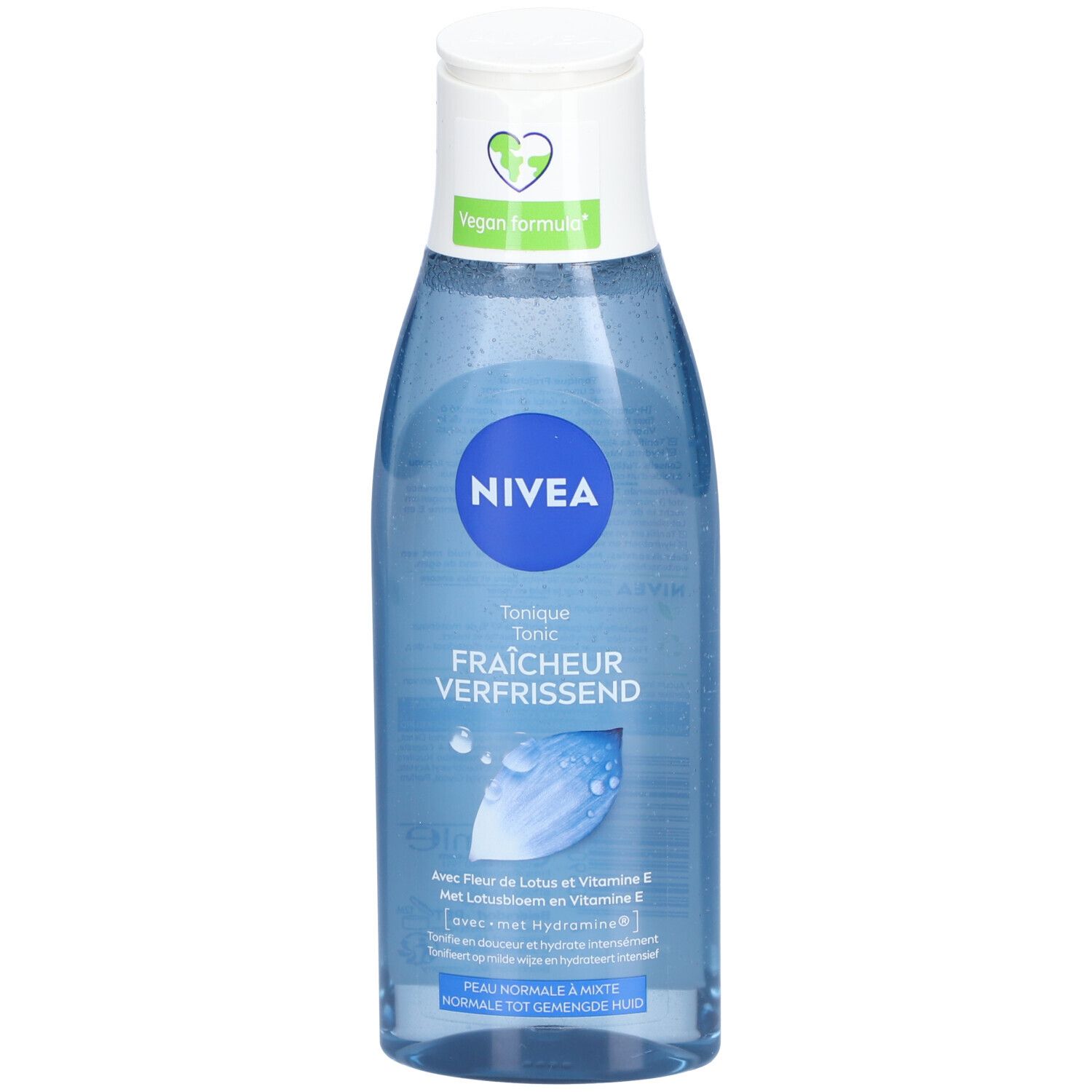 Flacon bleu transparent, bouchon blanc. Inscription NIVEA, Tonique Fraîcheur. Logo végan.