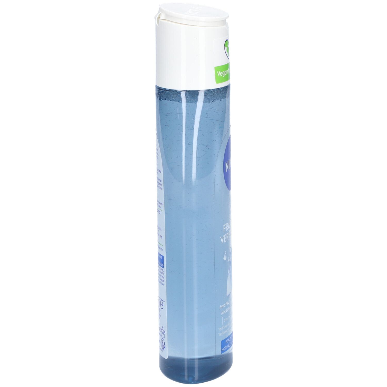 Flacon cylindrique bleu, bouchon blanc. Inscriptions et étiquette sur le côté.