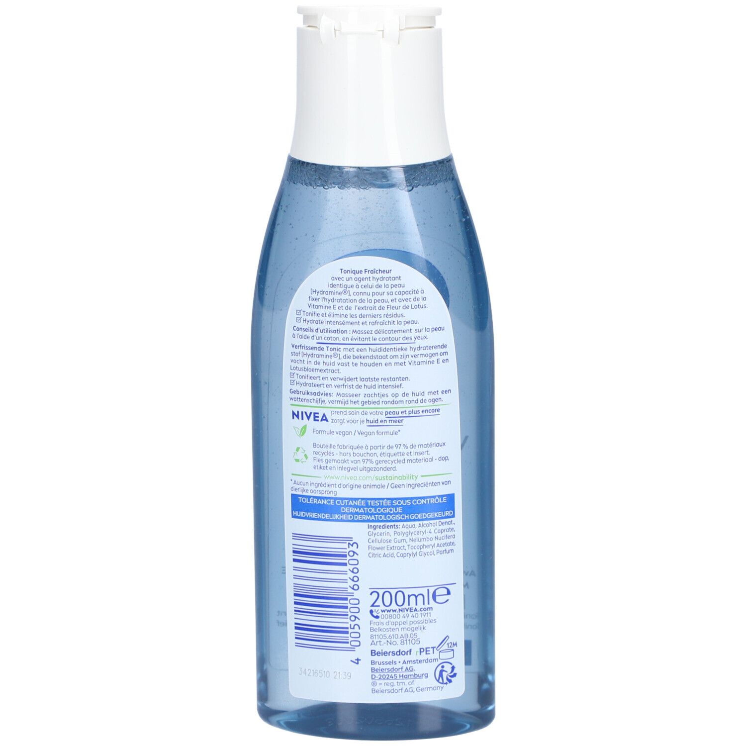 Dos du flacon bleu. Étiquette avec informations produit et ingrédients. 200ml.