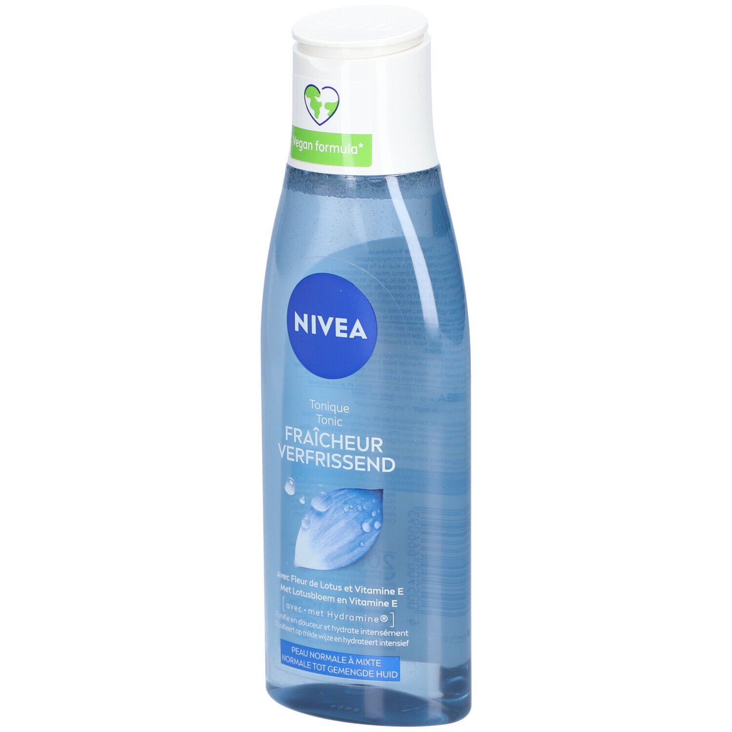 Flacon bleu, bouchon blanc. Inscription NIVEA, Tonique Fraîcheur. Logo végan.