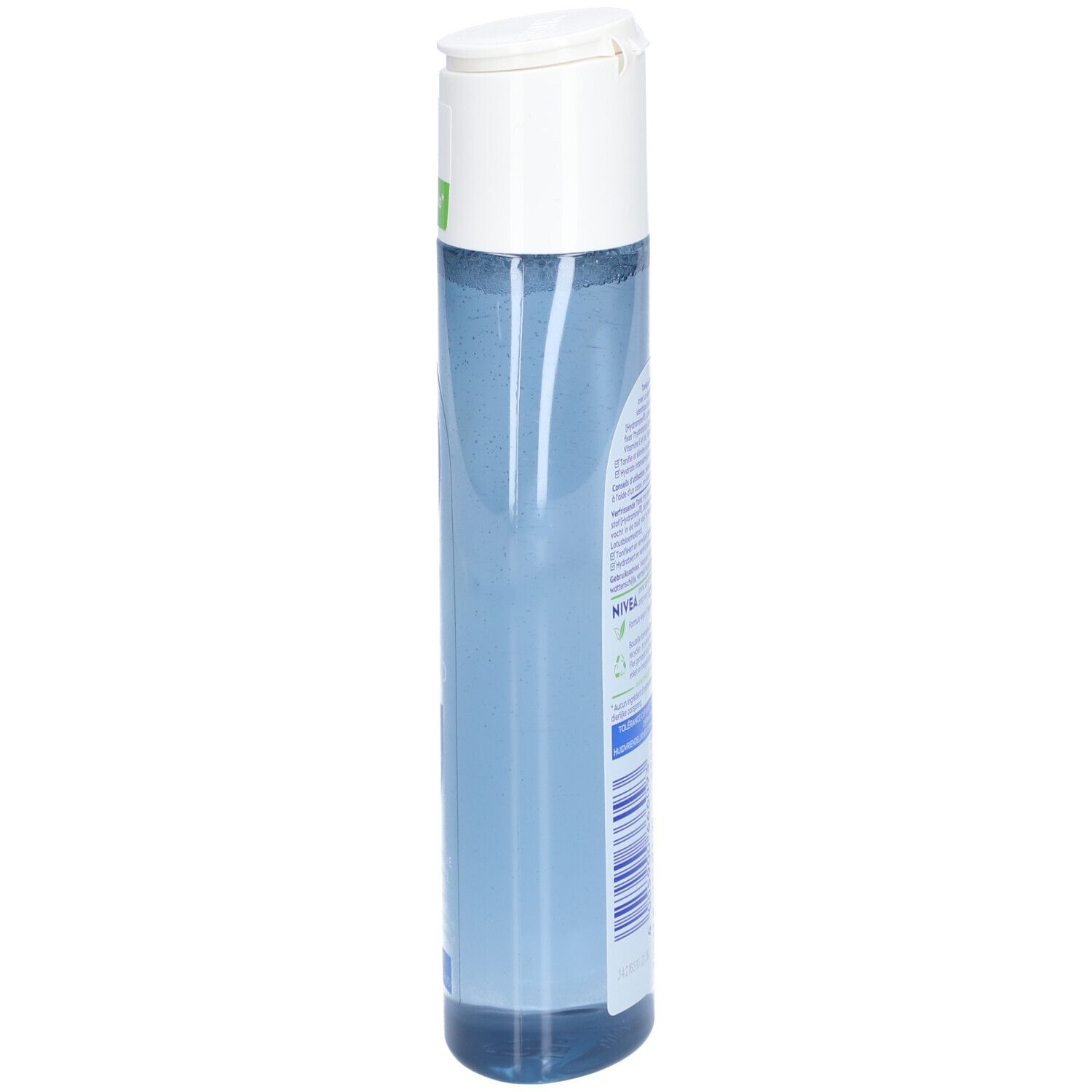 Flacon cylindrique bleu, bouchon blanc. Étiquette et inscriptions sur le côté.
