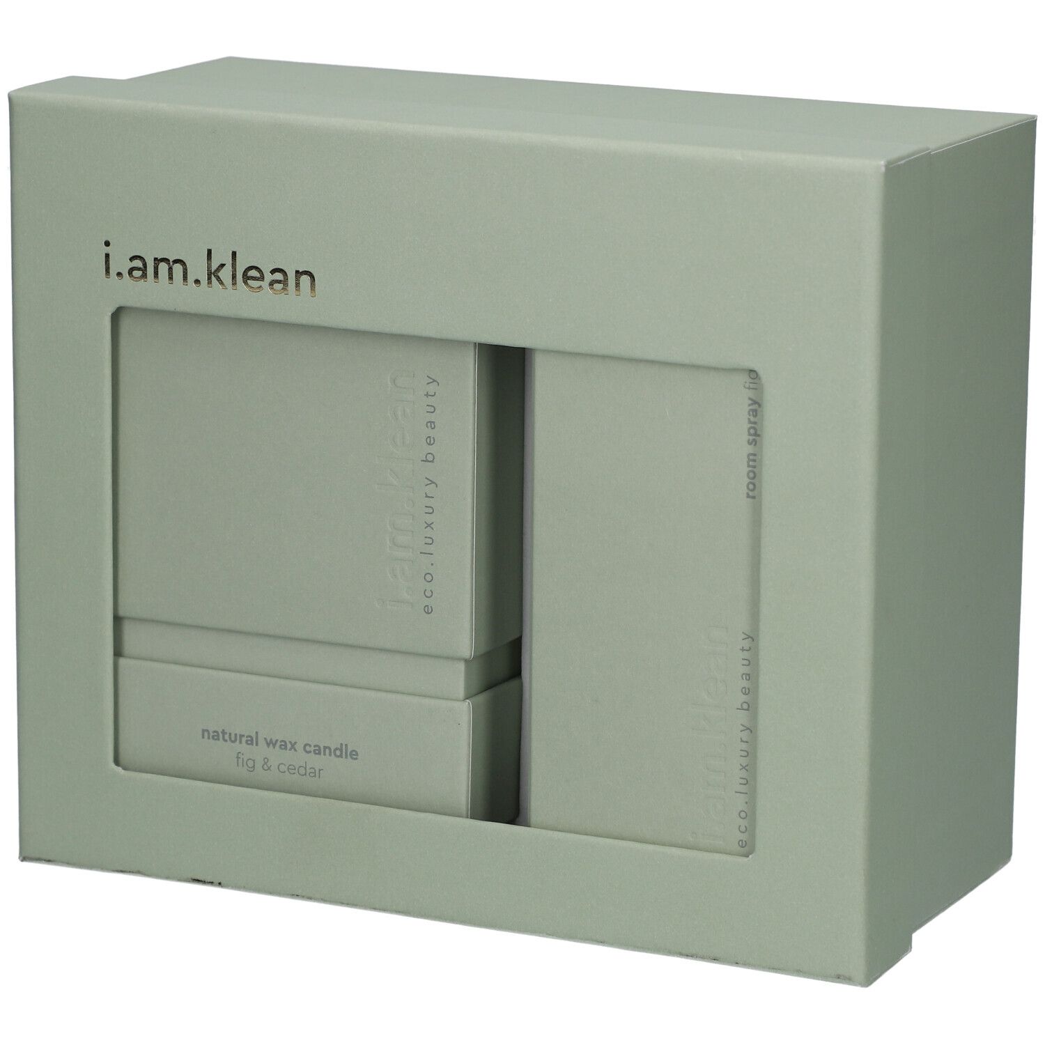 Geschenkbox mit Fenster. Enthält Kerze und Raumspray. Marke: i.am.klean. Farbe: Grün.