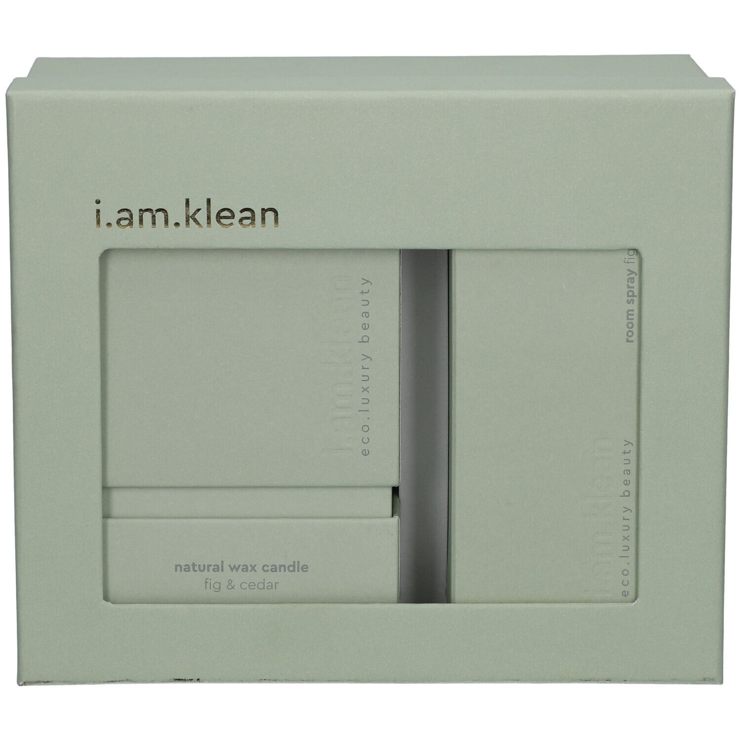 Geschenkbox mit Fenster. Enthält Kerze und Raumspray. Marke: i.am.klean. Grün.