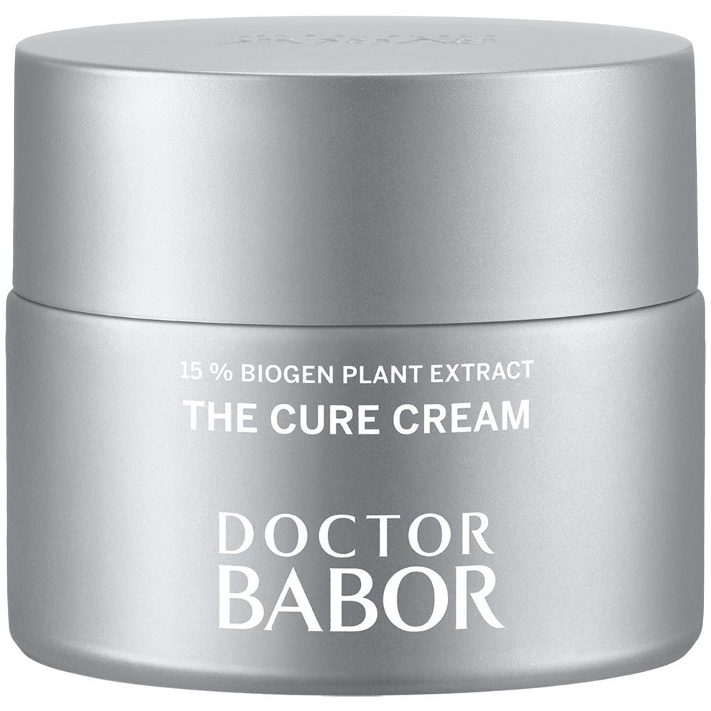 Creme-Tiegel, silberfarben. Aufschrift: THE CURE CREAM, DOCTOR BABOR. 15% Pflanzenextrakt.