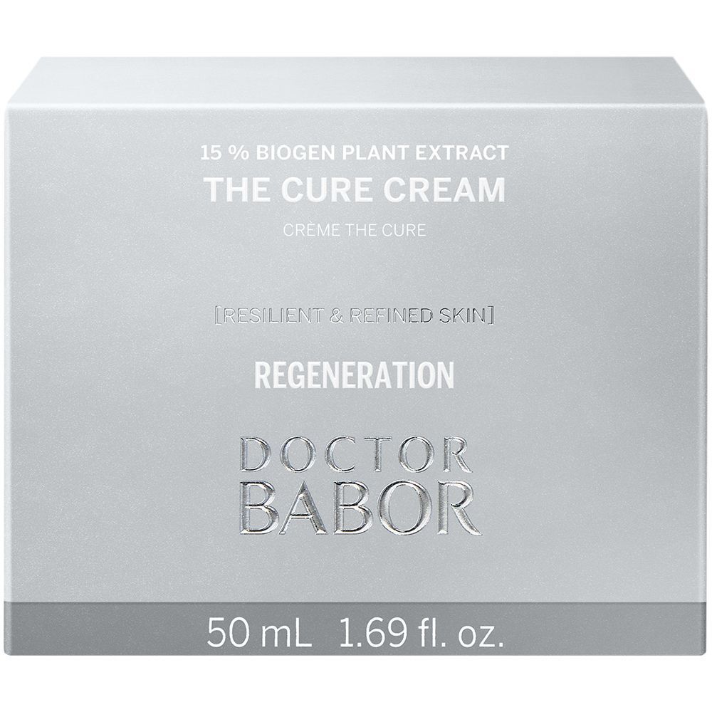Silberfarbene Faltschachtel. Aufschrift: THE CURE CREAM, DOCTOR BABOR. 50 ml, 1.69 fl. oz.