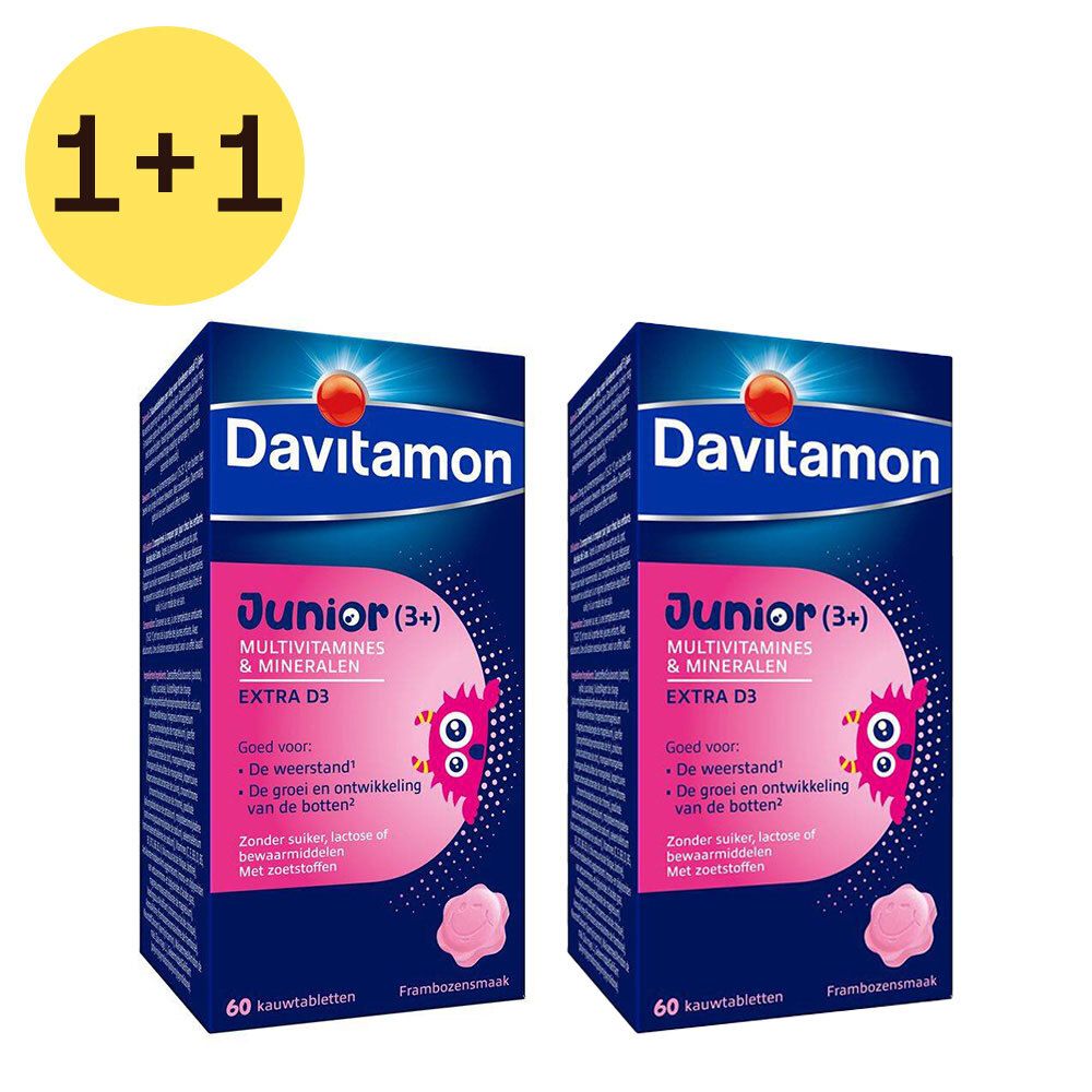 Deux boîtes de Davitamon Junior (3+) Multivitamines & Minéraux. Emballage bleu avec des accents roses. Inscription: Extra D3. 1+1 gratuit.
