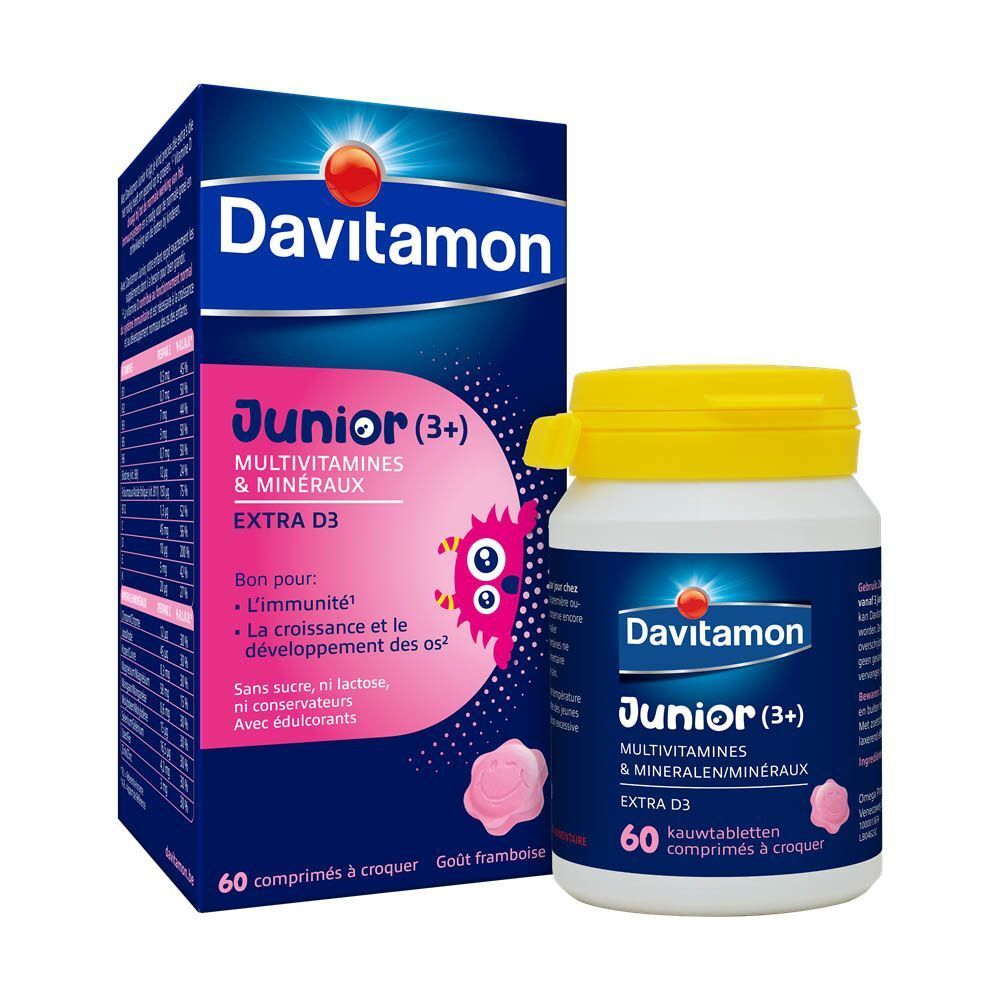 Boîte et flacon de Davitamon Junior Framboise Multivitamines et Minéraux, 60 comprimés.