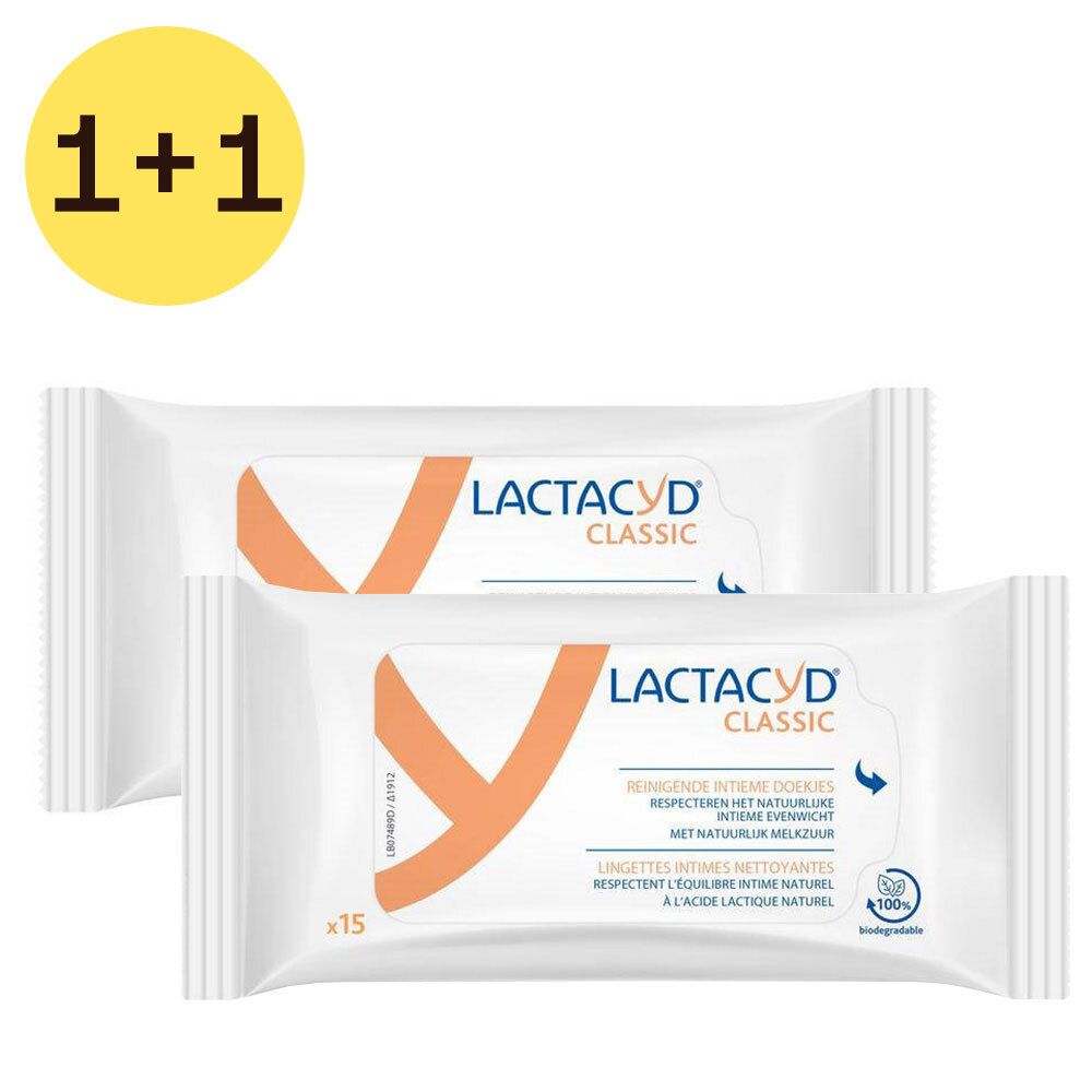 Zwei Packungen Lactacyd Classic Intim-Reinigungstücher. Weiße Verpackung mit orangefarbenem Logo und Text. 1+1 Gratis-Aufkleber.