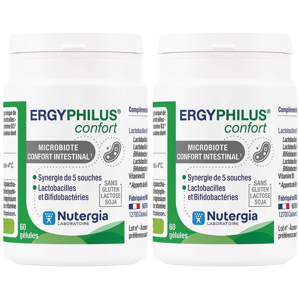 Zwei weiße Flaschen mit grünen Etiketten. Aufschrift: ERGYPHILUS confort, Microbiote Confort Intestinal, Nutergia Laboratoire.