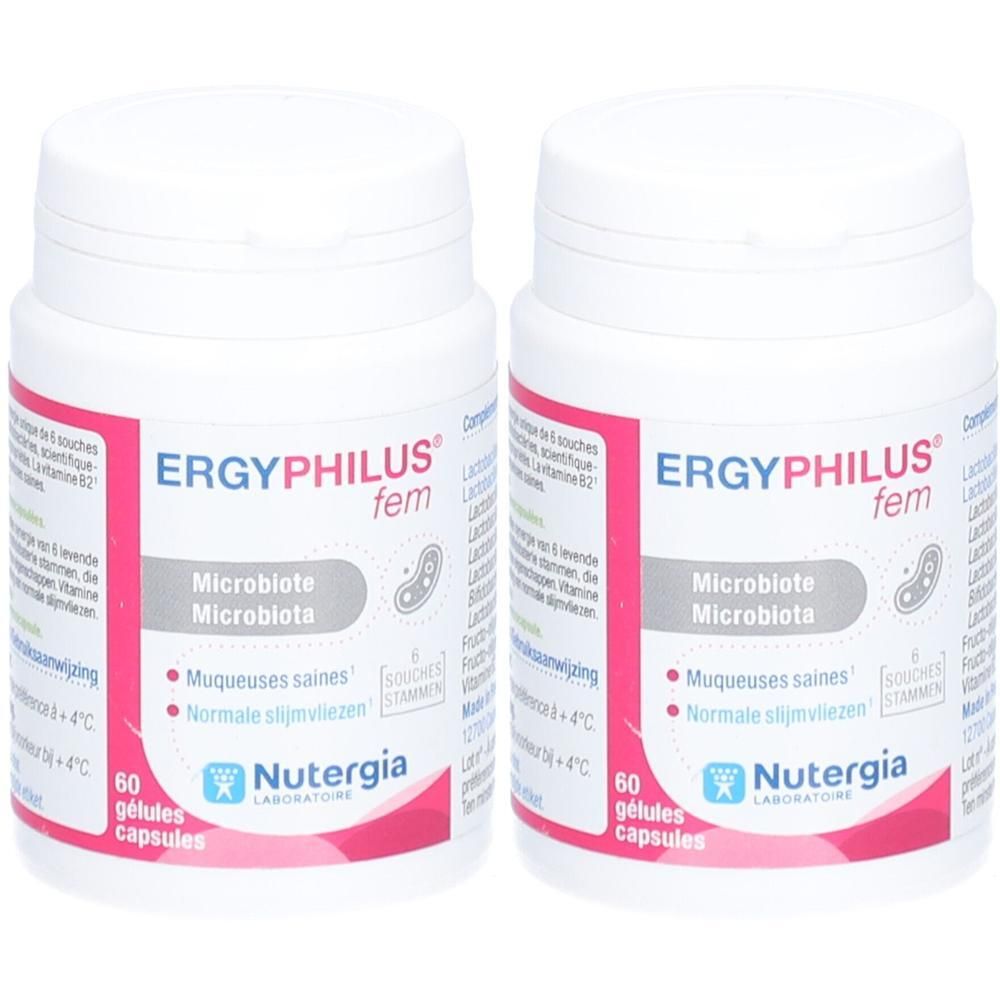 Deux flacons blancs ERGYPHILUS® fem. Inscription : Microbiote, 60 gélules, Nutergia Laboratoire. Cercle jaune avec "1+1".