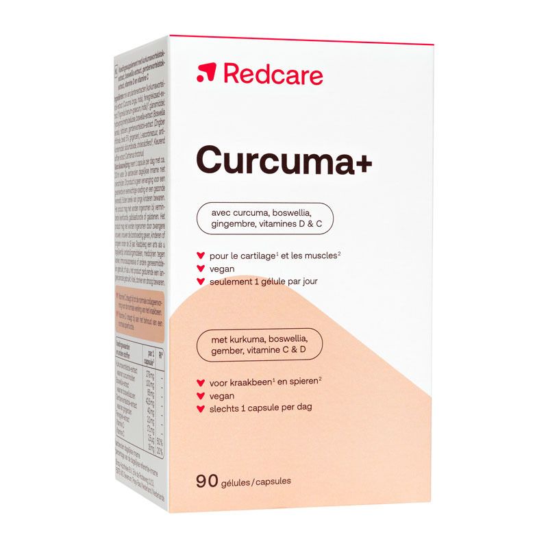 Boîte blanche et rouge. Inscription: Redcare, Curcuma+, ingrédients, 90 gélules.
