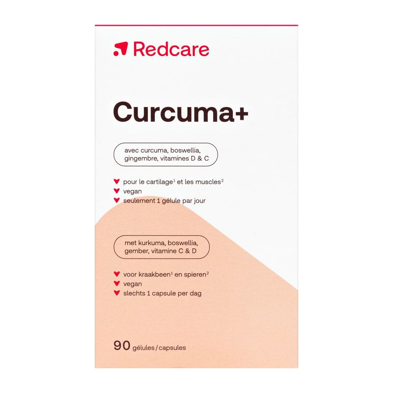 Boîte blanche et rouge. Inscription: Redcare, Curcuma+, ingrédients, 90 gélules.