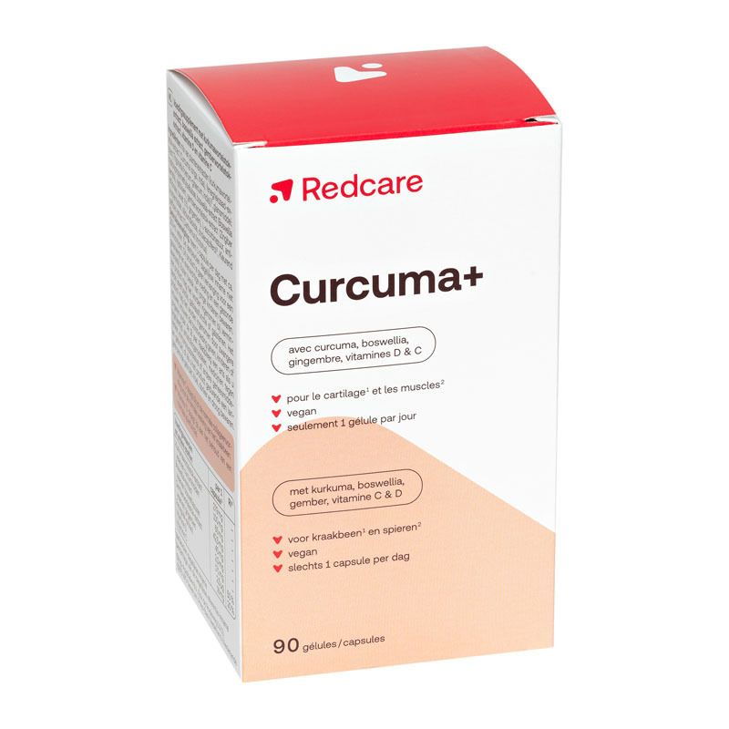 Boîte blanche et rouge. Inscription: Redcare, Curcuma+, ingrédients, 90 gélules.
