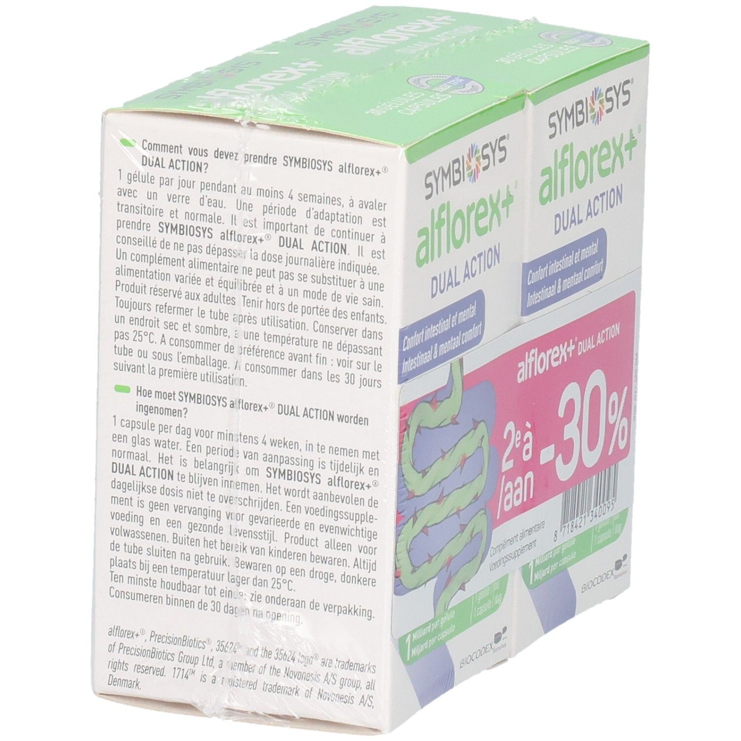 Alflorex+ Duo Probiotikum Verpackung. Zwei Packungen nebeneinander. Grün-weiße Schachteln mit Text und Illustrationen.