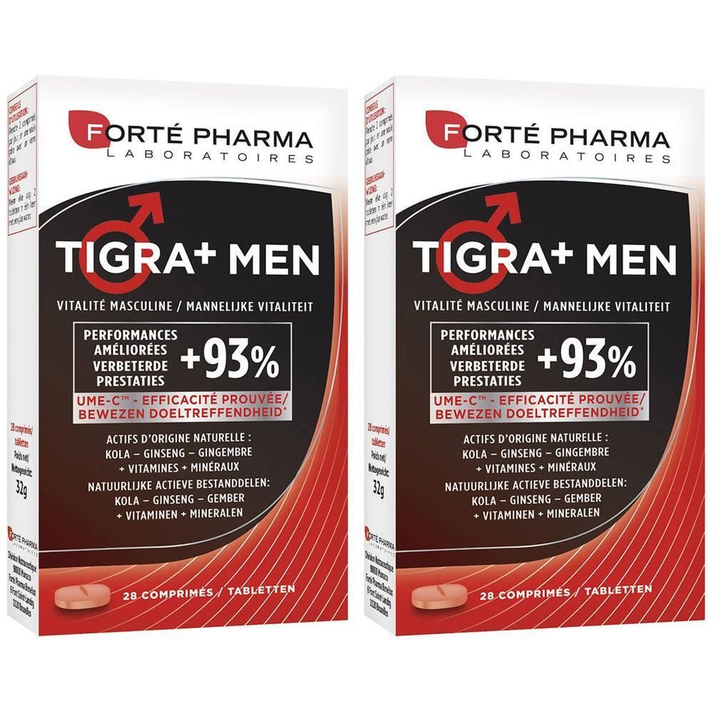 Zwei Packungen Forté Pharma Tigra+Men, Nahrungsergänzungsmittel für Männer. Enthält 26 Tabletten pro Packung.