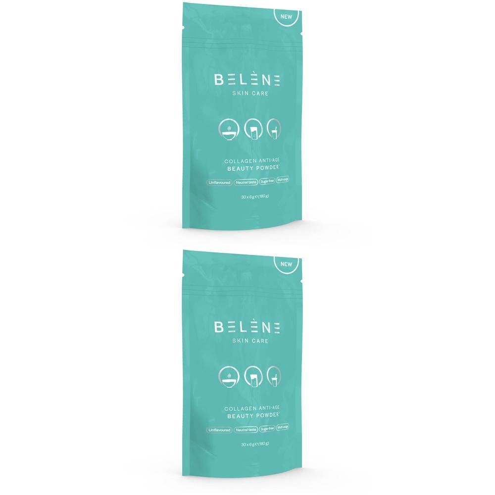 Zwei Packungen BELENE Skin Care Anti-Aging Kollagen Beauty Powder in Türkis.