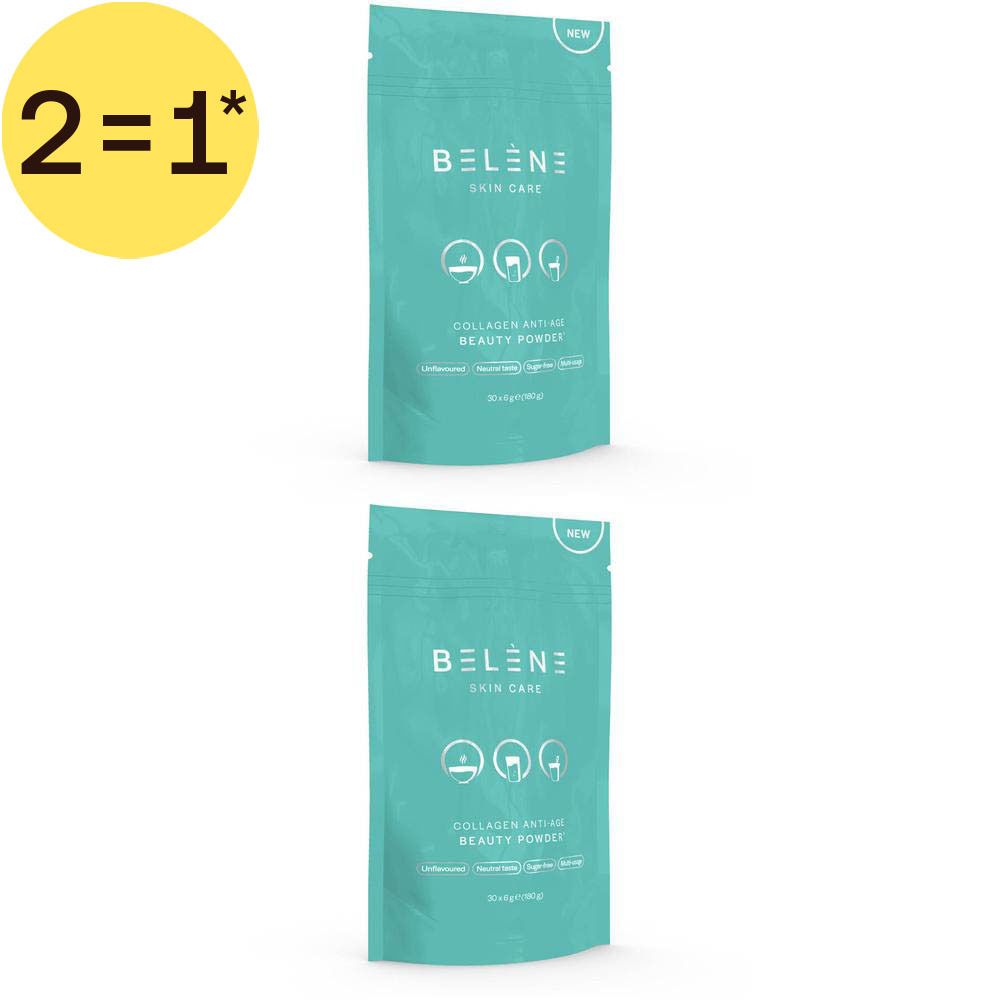 Deux sachets de poudre de beauté collagène anti-âge BELENE Skin Care, turquoise.