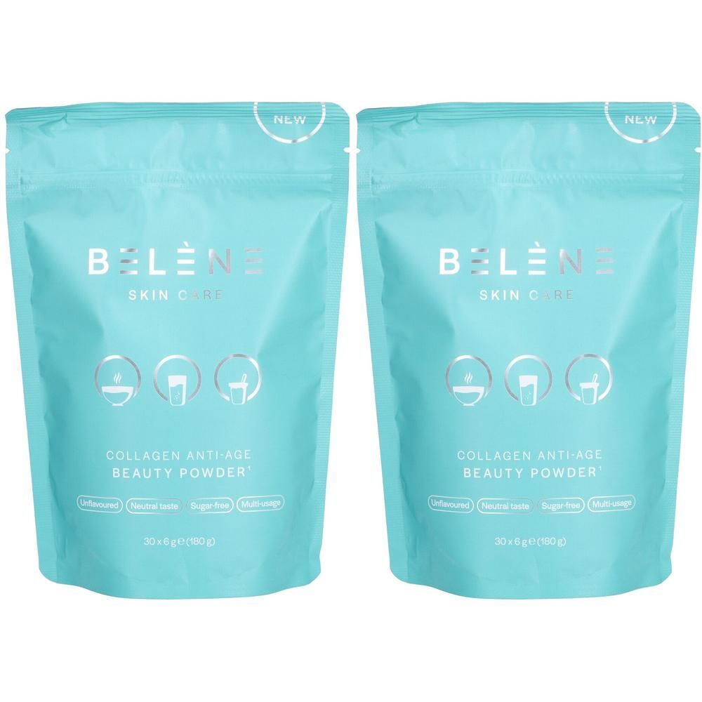 Deux paquets de poudre de beauté au collagène anti-âge BELENE Skin Care, turquoise.