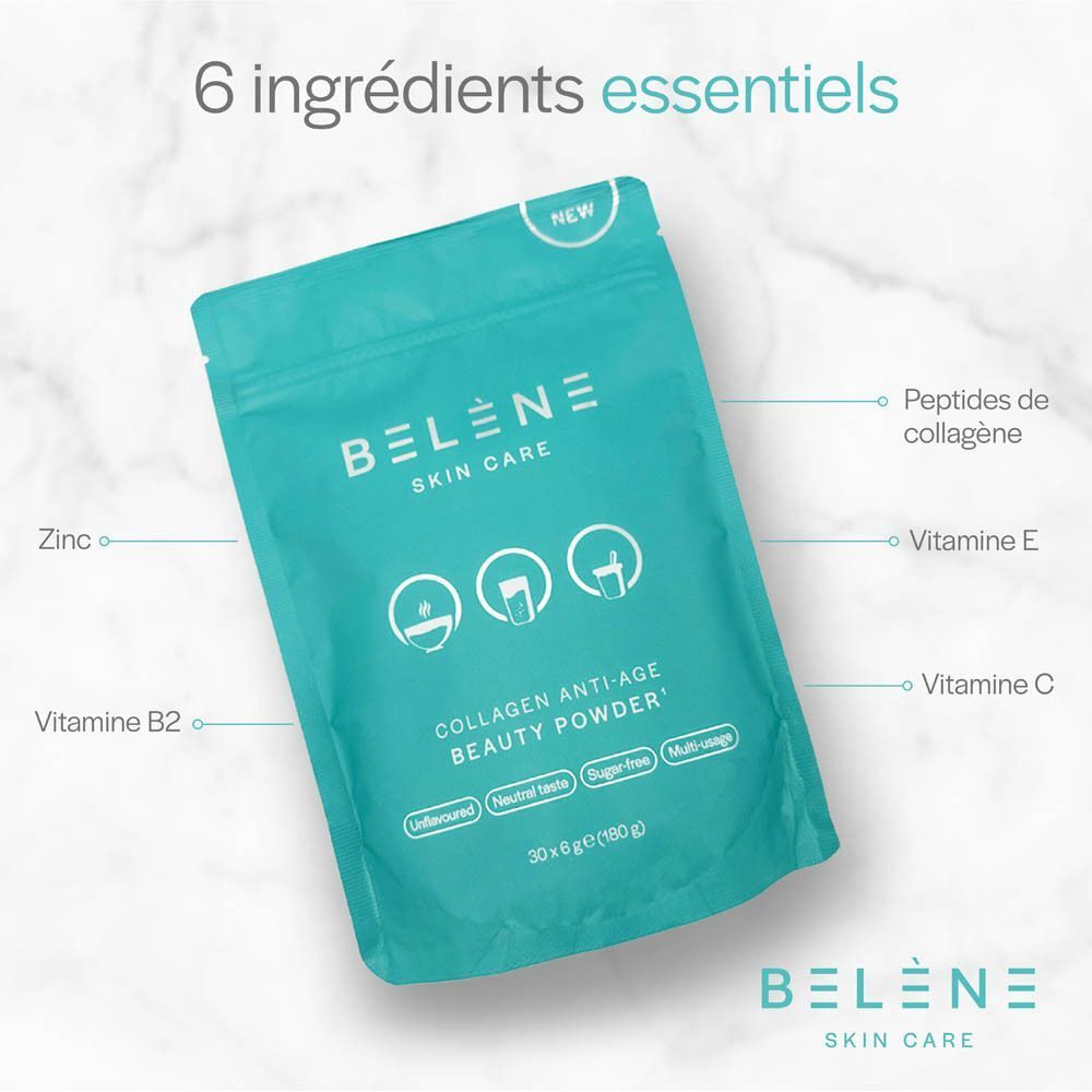 Femme en robe de chambre blanche tenant une cuillère de poudre à côté d'un sachet BELENE Skin Care Collagène Beauty Powder.