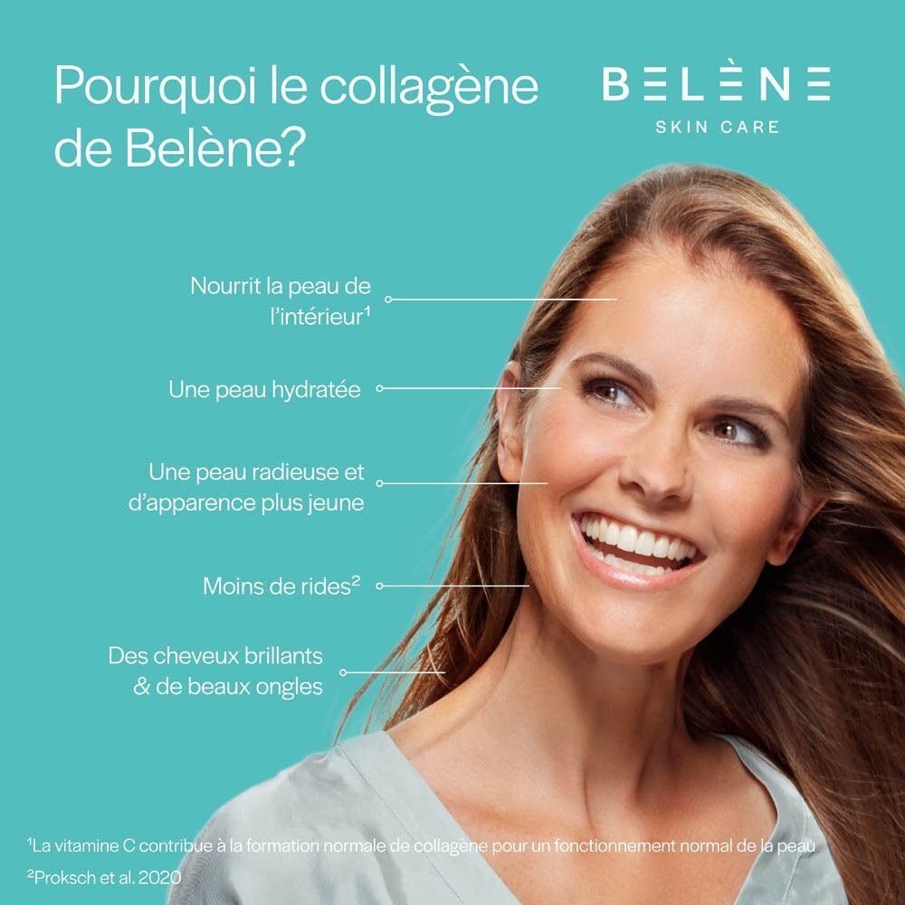 Sachet turquoise BELENE Skin Care Collagène Beauty Powder, indiquant les ingrédients : zinc, B2, E, C, peptides de collagène.