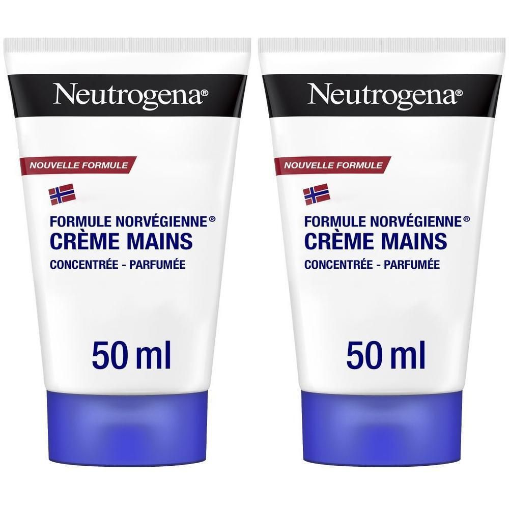 Deux tubes de crème pour mains, 50 ml, formule norvégienne, concentrée et parfumée.