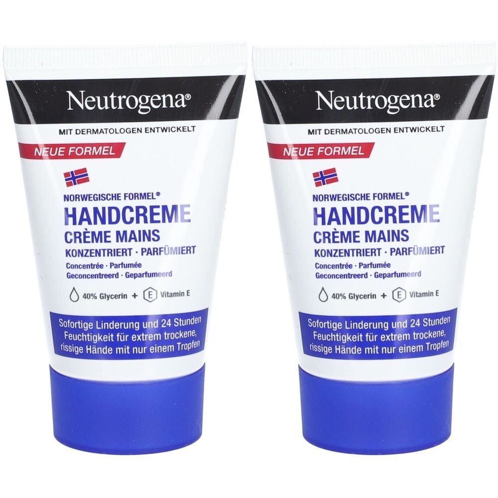 Zwei Tuben Handcreme mit norwegischer Formel, konzentriert und parfümiert.