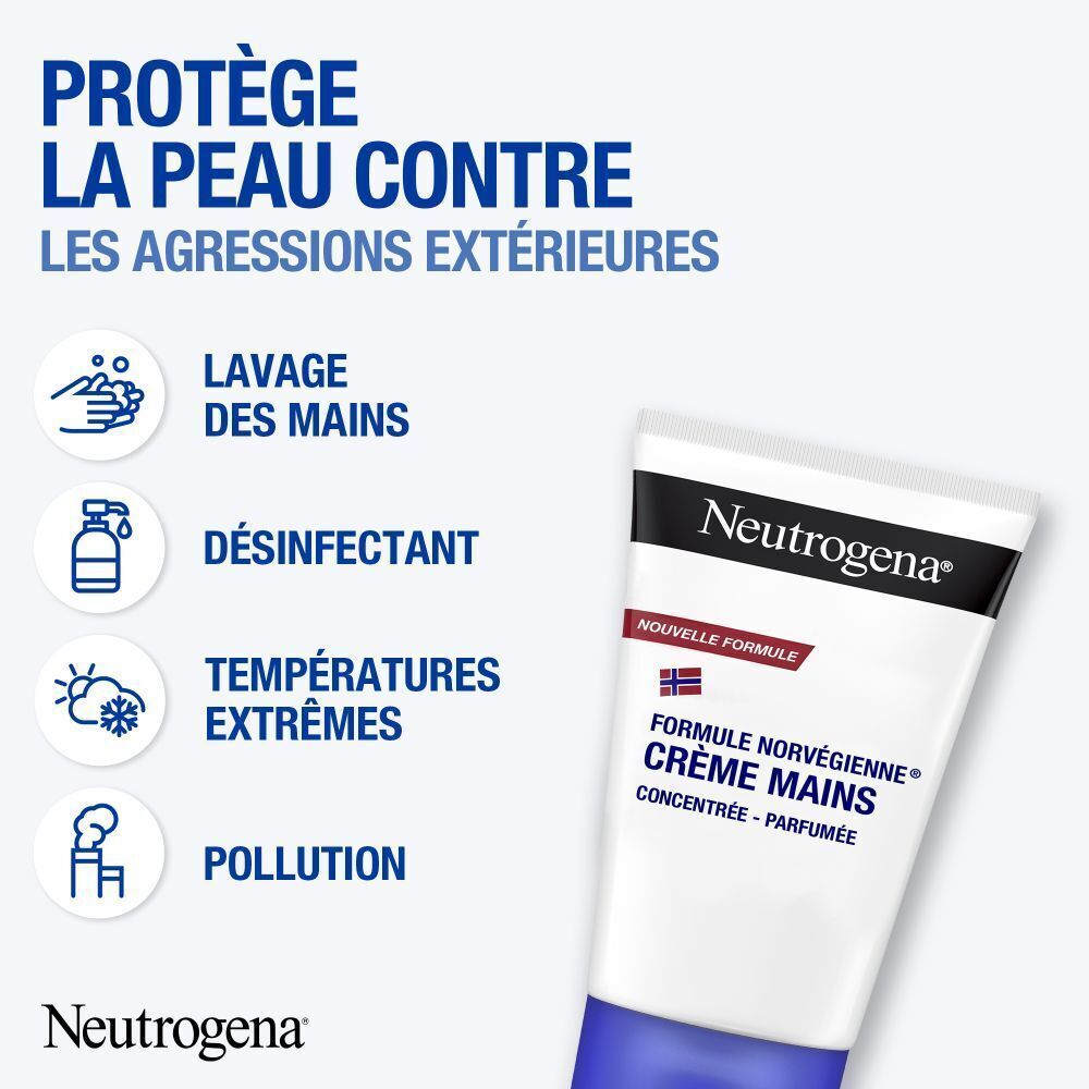 Crème pour mains formule norvégienne. Une seule noisette suffit pour apaiser instantanément les mains très sèches.